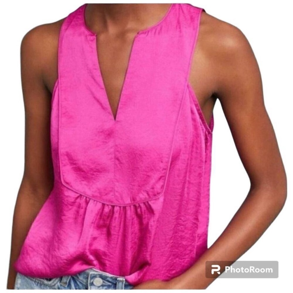 Anthropologie Maeve Magenta Pink Satin Bib Front Sleeveless Top Size 4